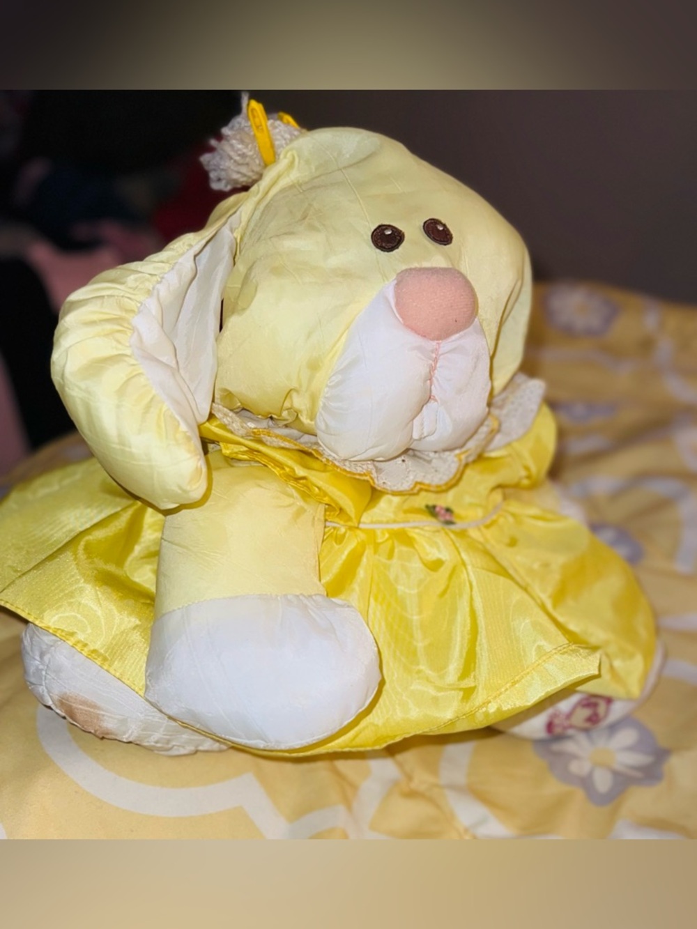 1986 Vintage Fisher Price Yellow Puffalump Plush Bunny Rabbit in Yellow Dress
